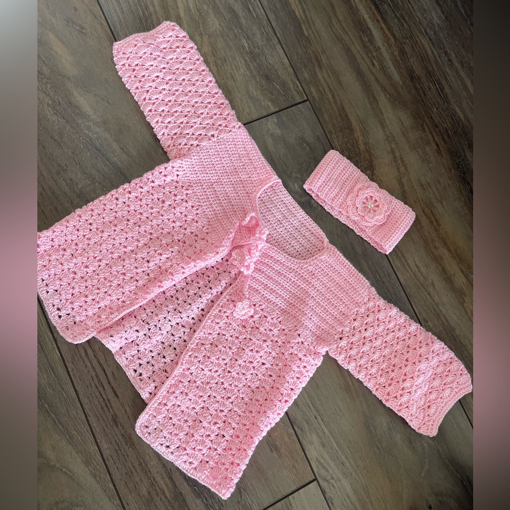 Handmade Pink Crochet Baby Cardigan and Headband Set fits 6-12 months